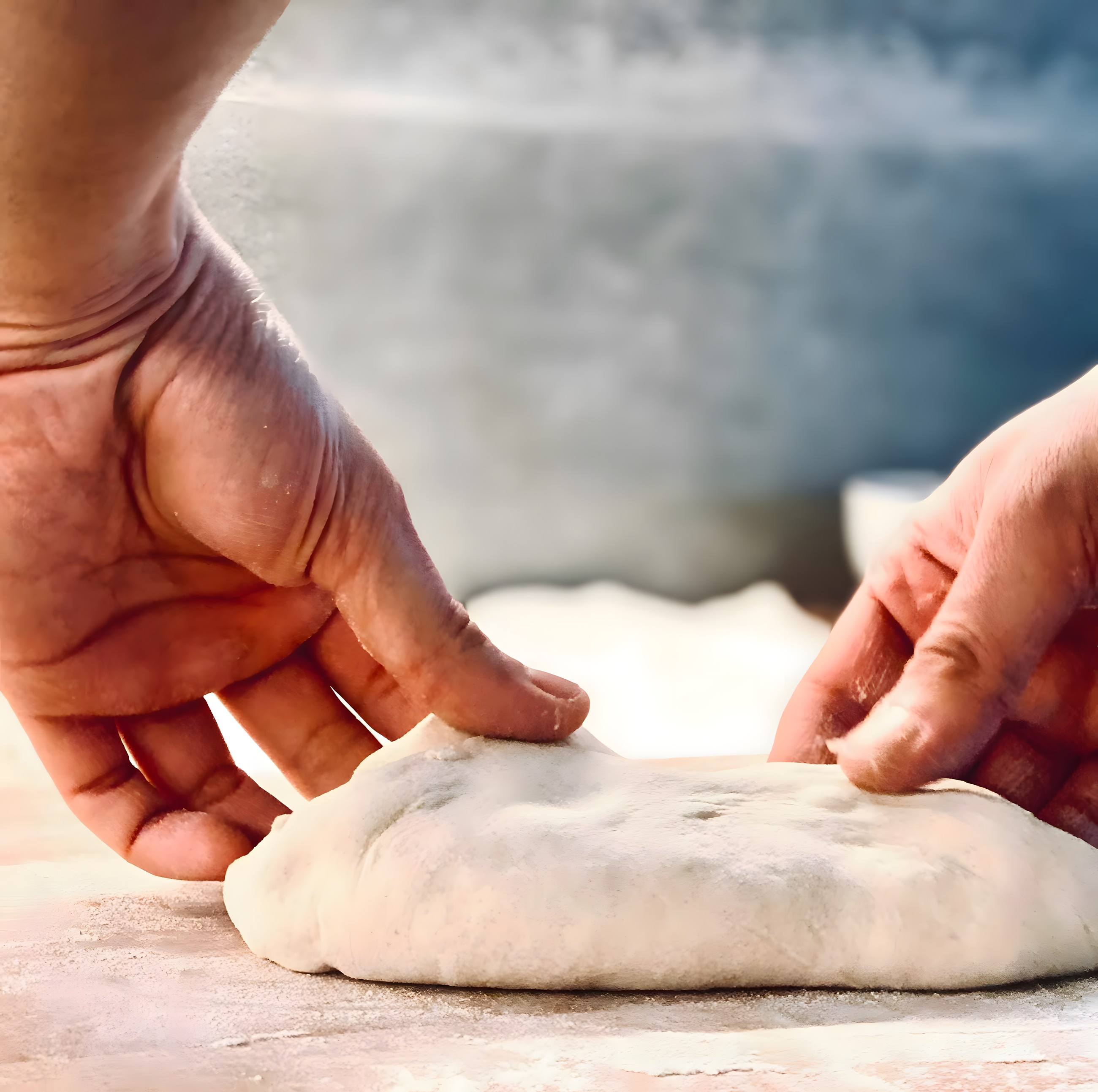 A baker shaping dough by hand on a floured bench